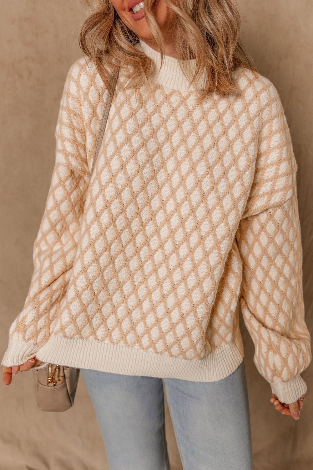 Knit Rhombus Textured Mock-Neck Knit Top in Smoke Gray