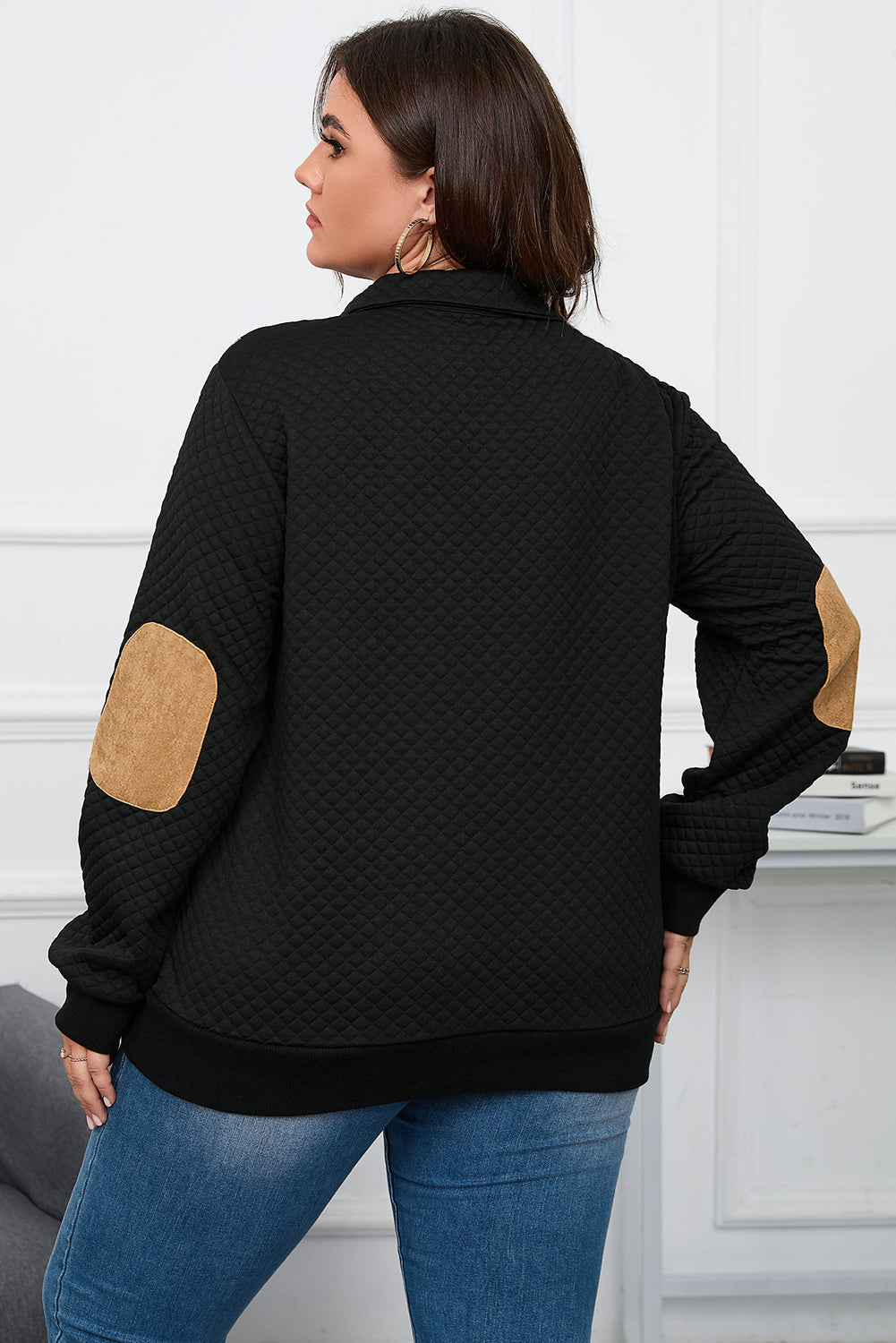 Sweat-shirt Henley matelassé à carreaux et patch de grande taille