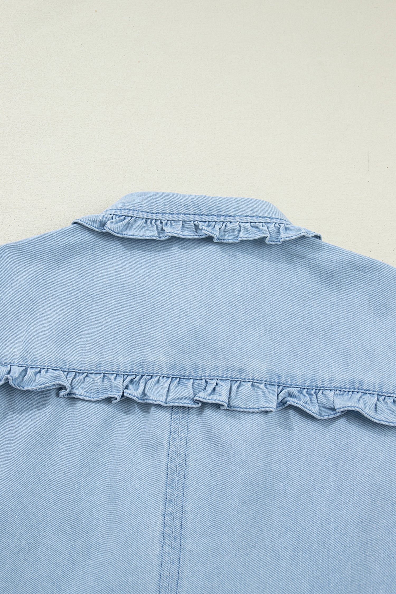 Polished Beau Blue Ruffled Edge Collared Shift Denim Dress Featuring Pockets
