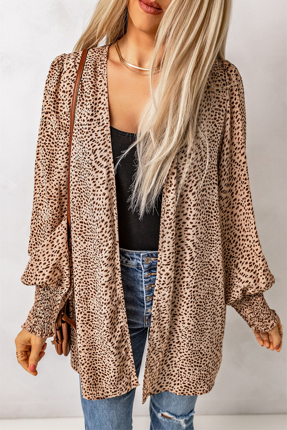 Cardigan for Women Animal Print Shirred Apricot Cuff Lantern Sleeve