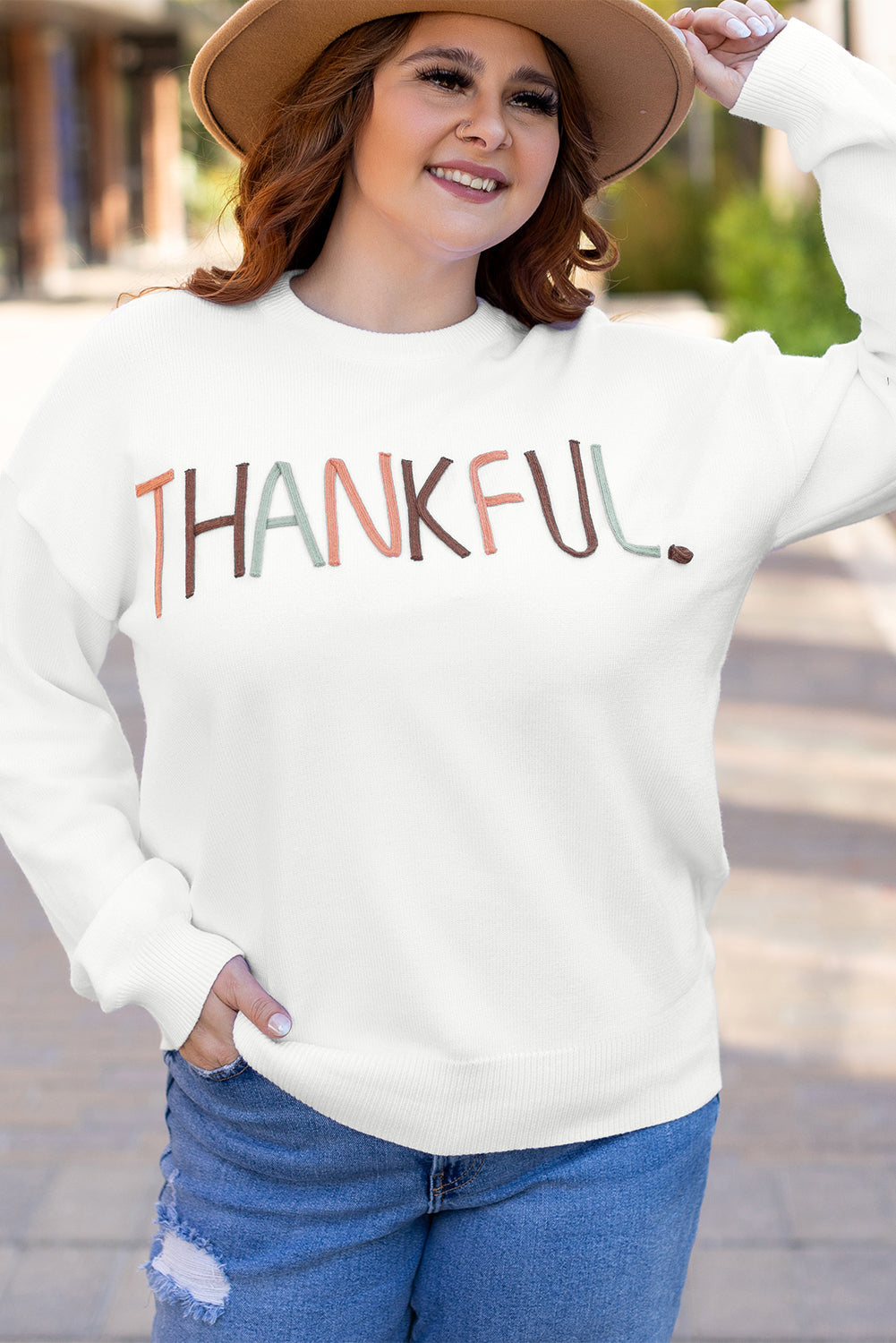 Plus Size Thankful Ivory Embroidered Sweater