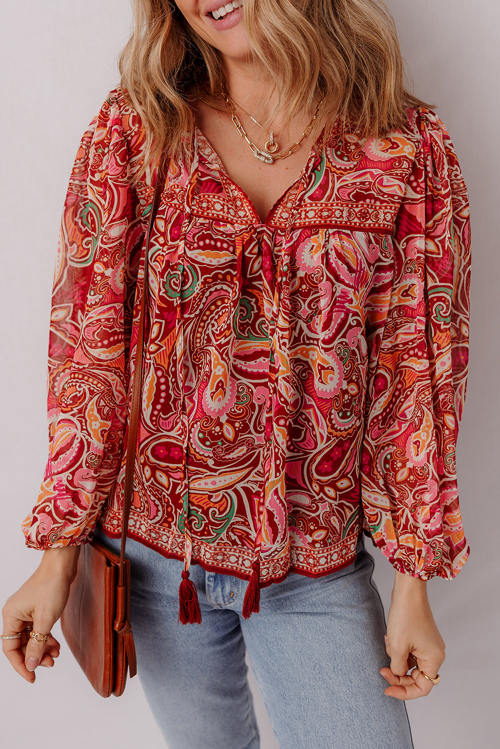 Paisley Print Ethnic Print Tassel Tie Puff Sleeve Boho Blouse