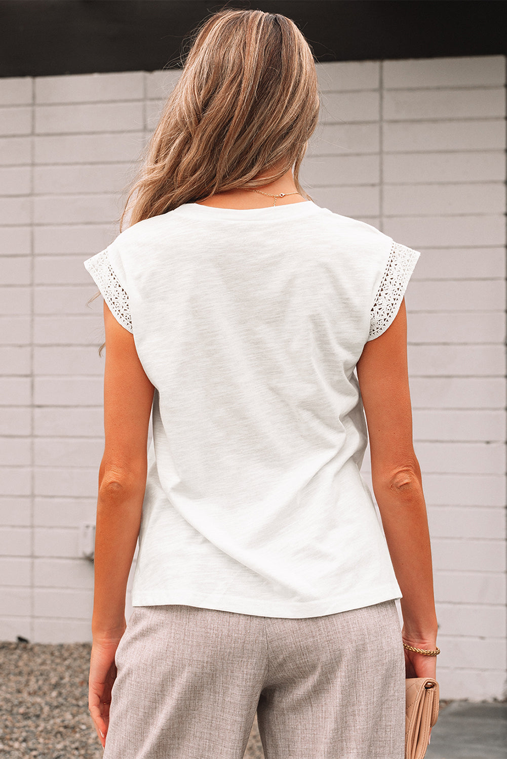 Patchwork Cap Lace Cap Sleeve Round-Neck T Shirt