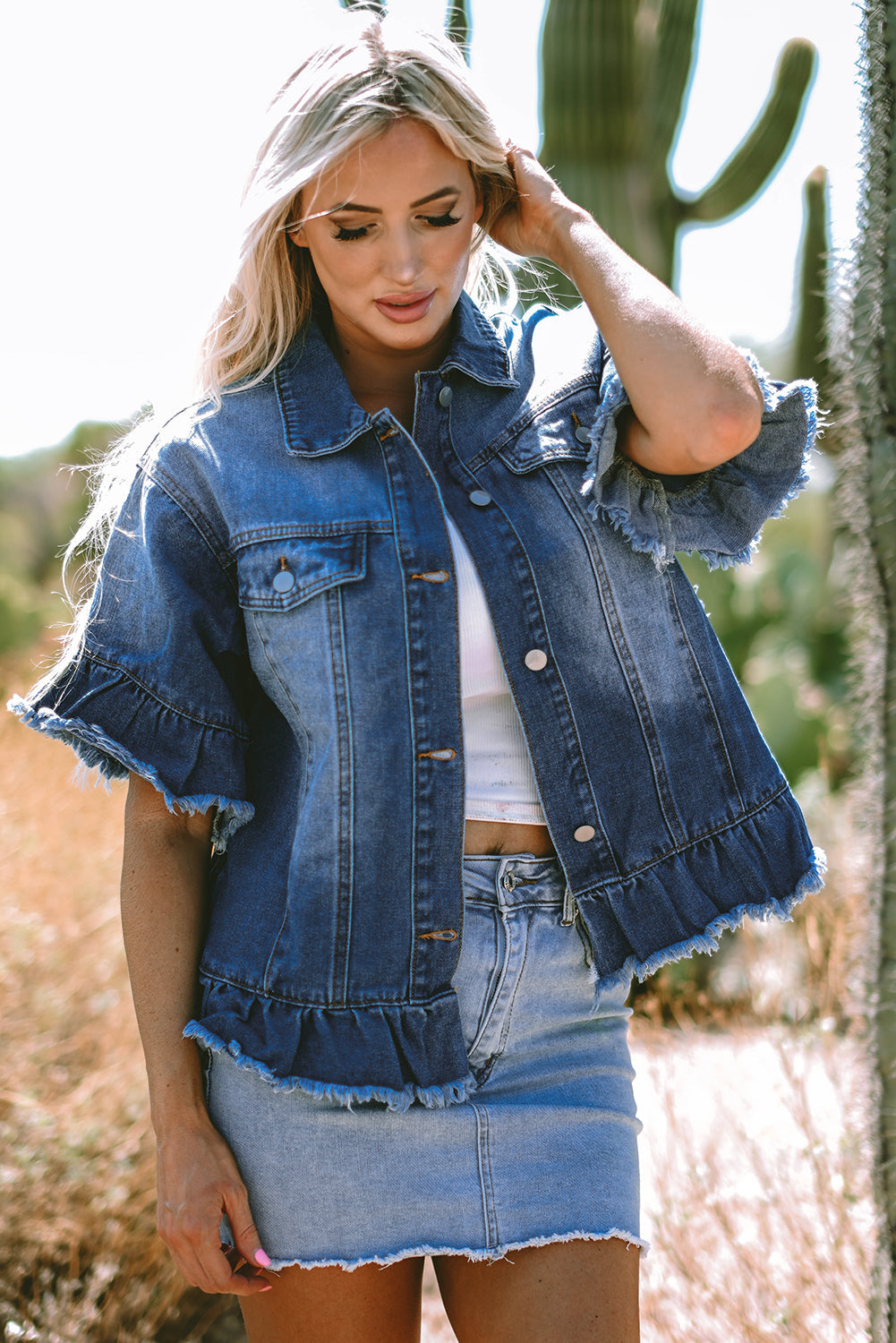 Raw Edge Ruffle-Trimmed Short-Sleeve Denim Jacket