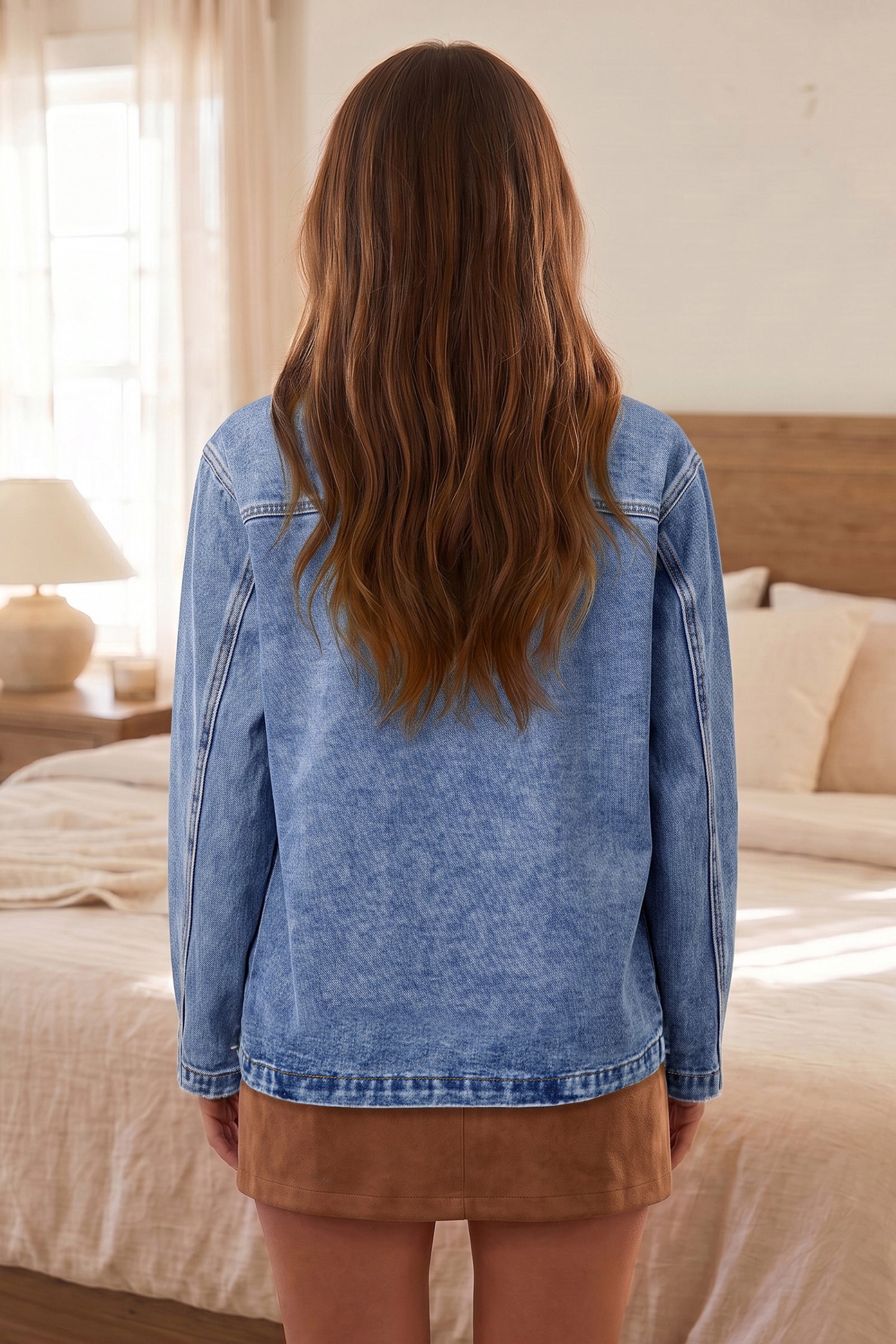 Patchwork Leather Collar Long-Sleeved Denim Jacket in Sky Blue