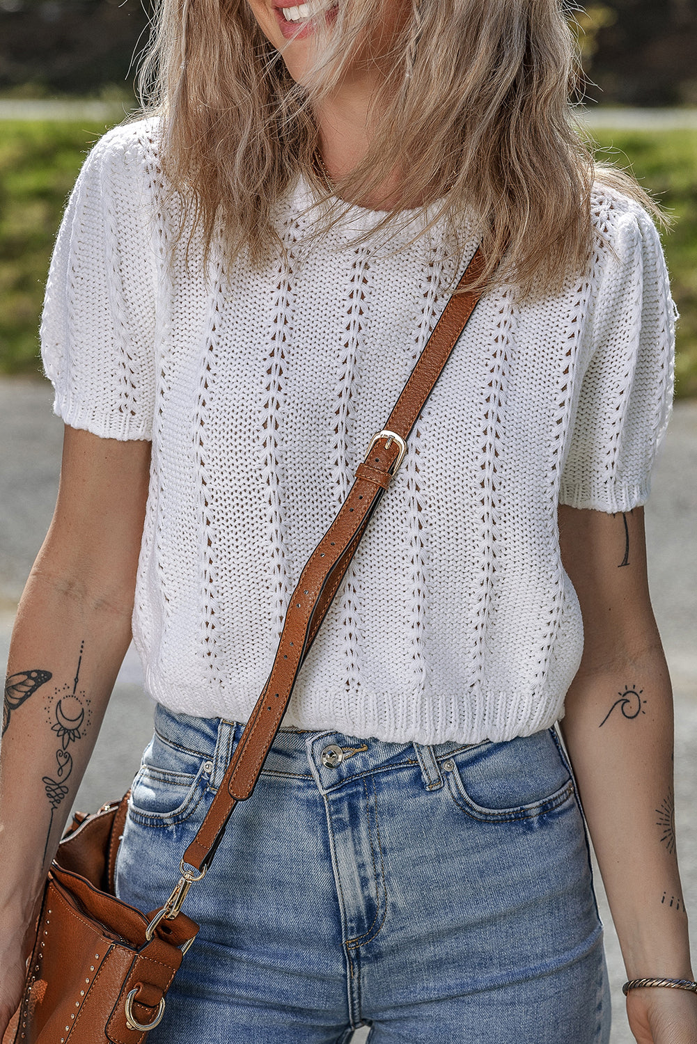 White Pointelle Knit Short Sleeve Crewneck Sweater