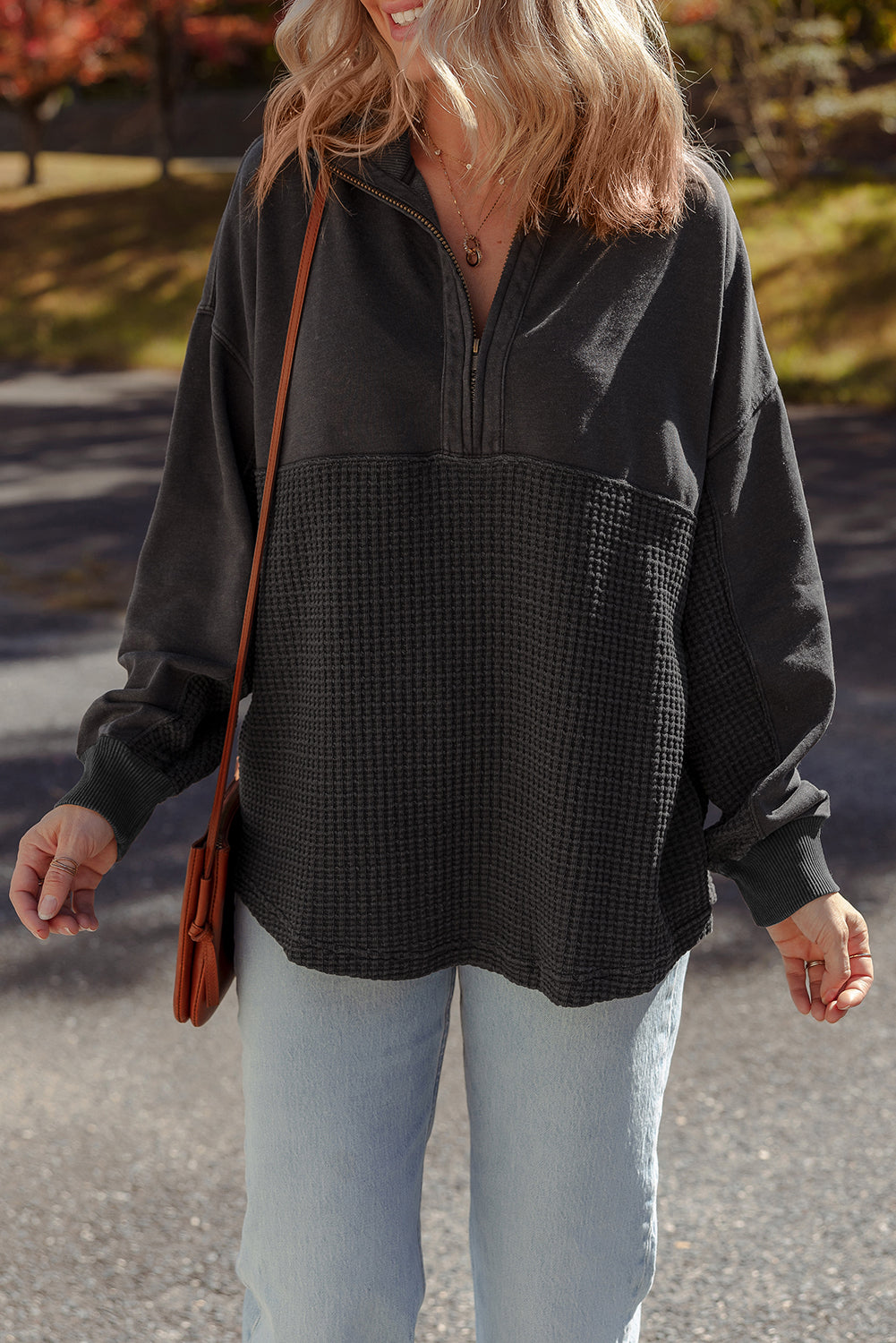 Waffle Half Knit Patchwork Zip Everyday Sweatshirt