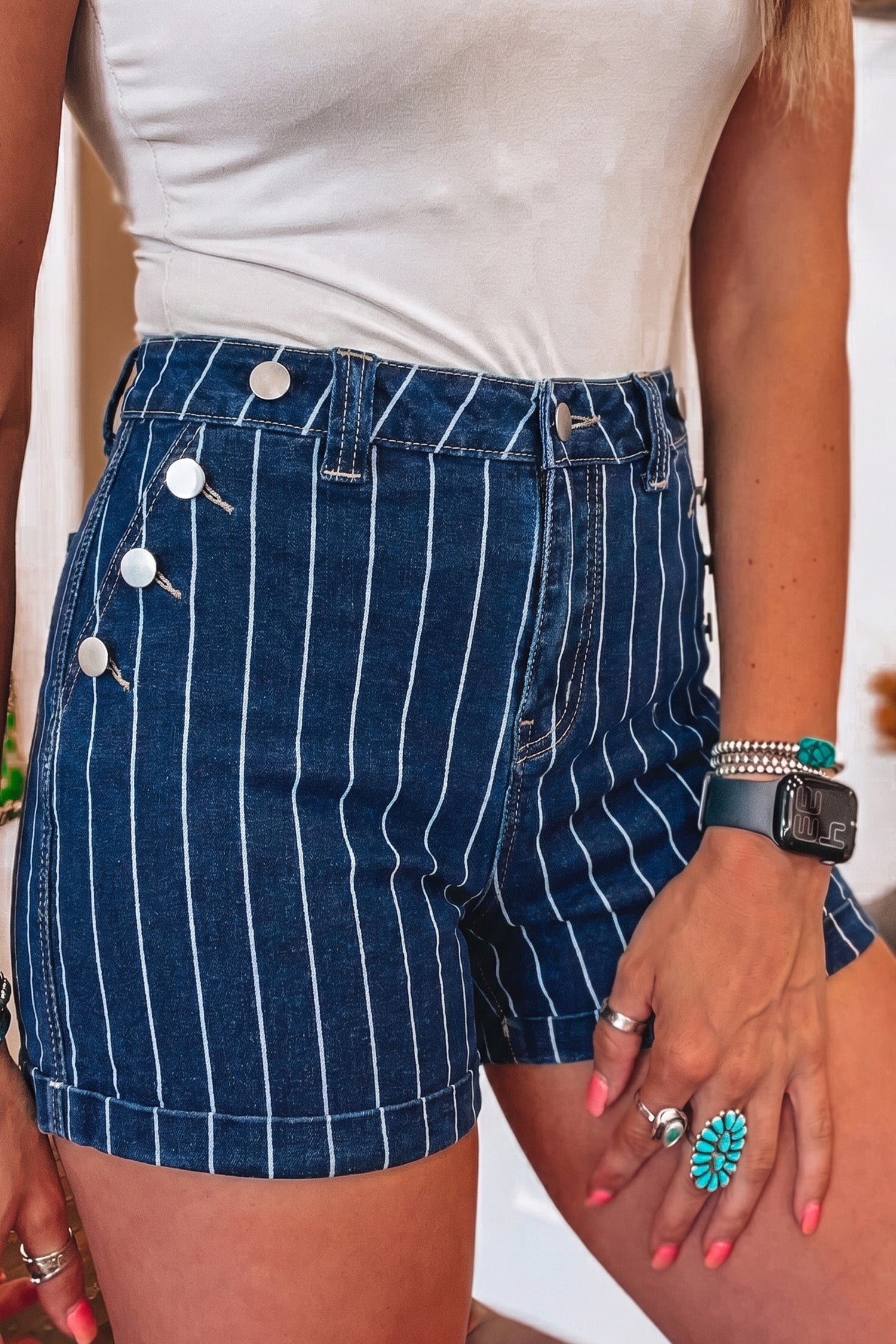 Stripe Metal Button Detail Womens Denim Shorts in Blue