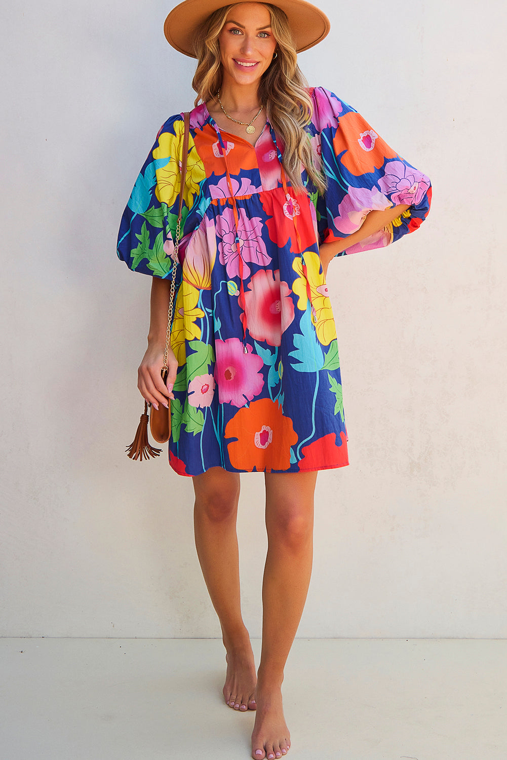 Floral-Print Split Neck Babydoll Dress
