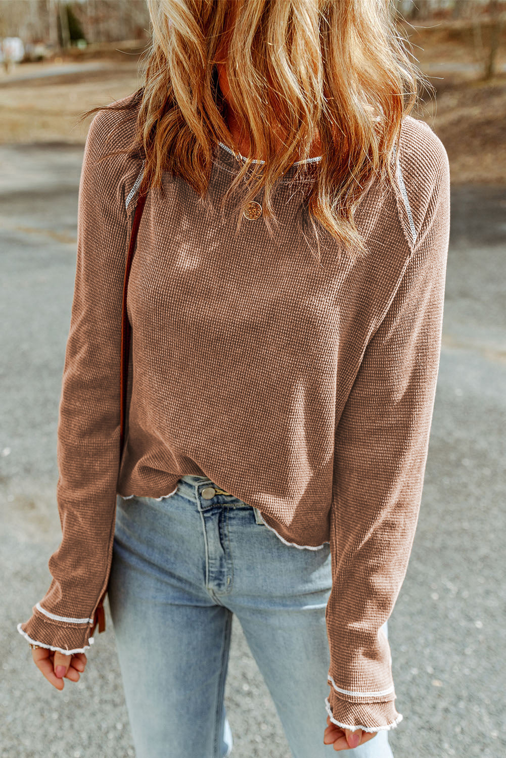 Textured Round-Neck Long-Sleeved Top