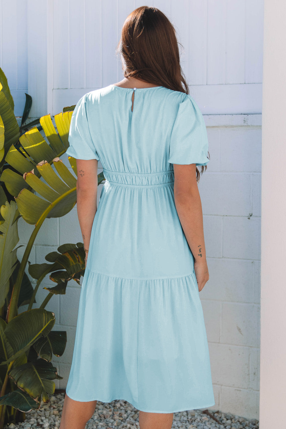 Puff Sleeve Pleated High Waist Flowy Midi Dress