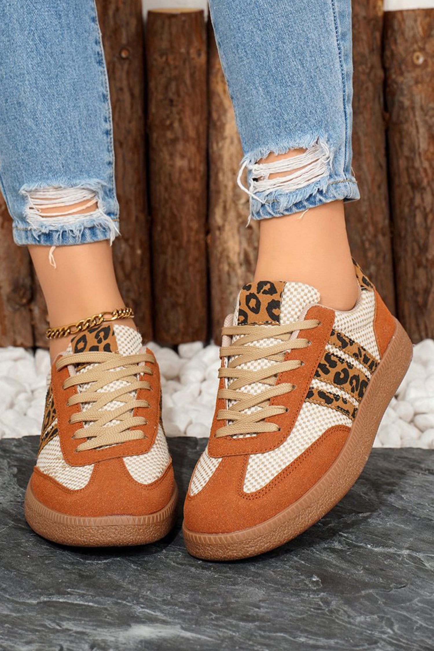 Checkered Leopard Colorblock Patchwork Lace Up Sneakers
