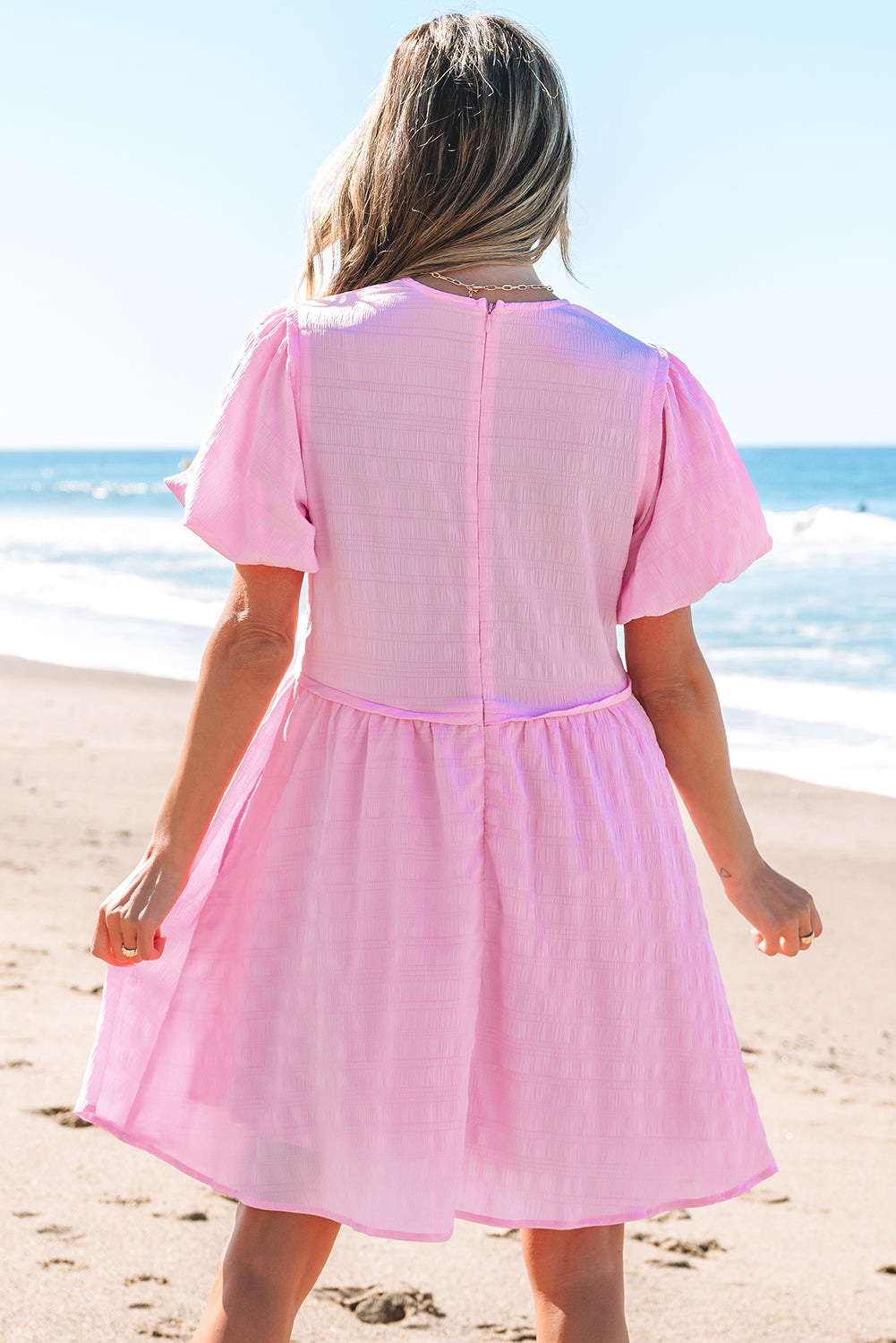 Pink Textured Bubble Sleeve High Waist Mini Dress