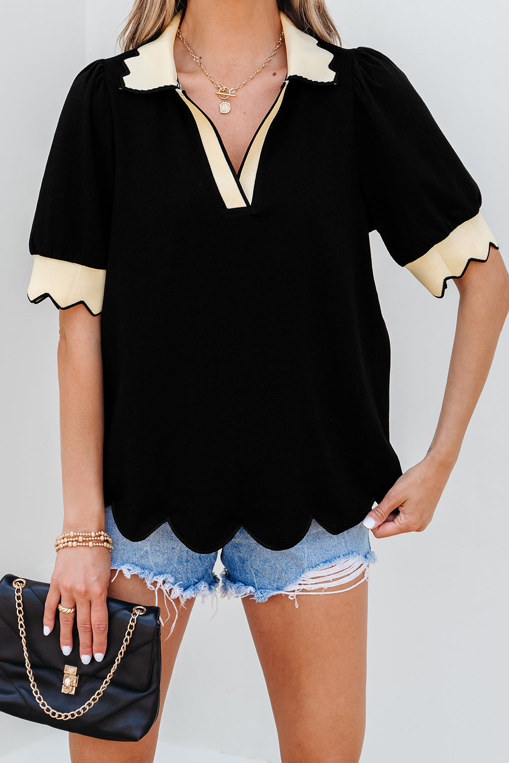 Color V-Neck Contrast Collared Puff Sleeve Blouse