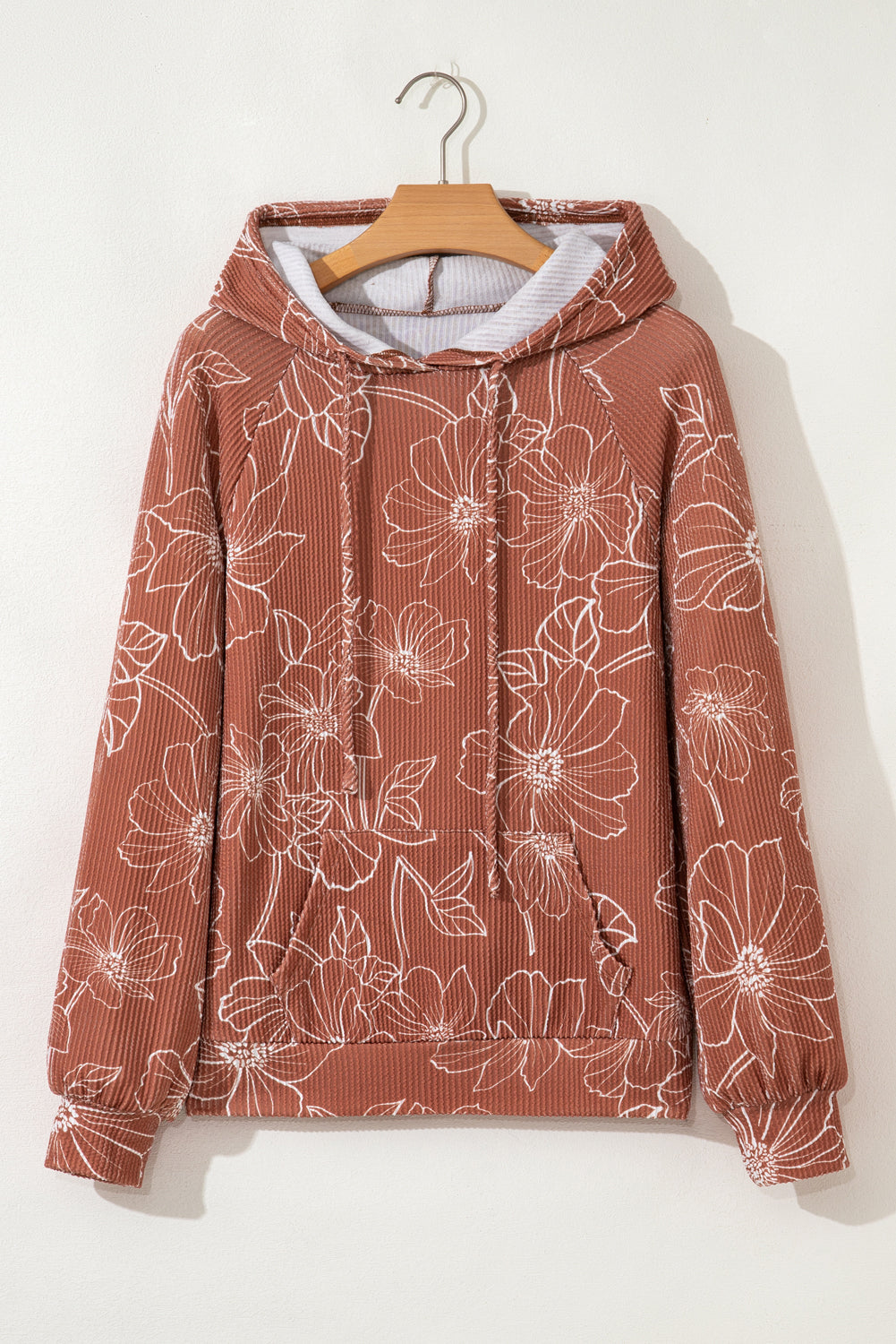 Rib Floral Twisted Drawcord Kangaroo Pocket Hoodie