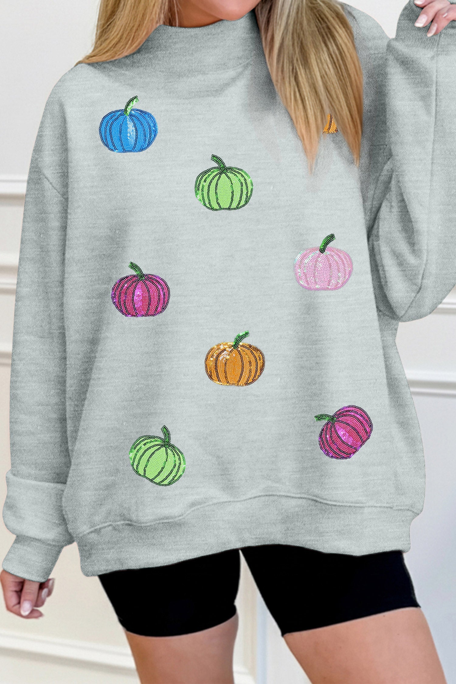 Sequin Everyday Gray Pumpkin Patch Mock-Neck Baggy Sweatshirt