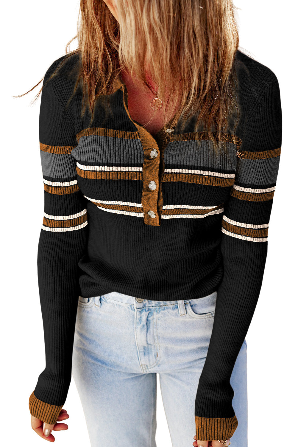 Women's Sweater with Stripe Henley Rib Knitted