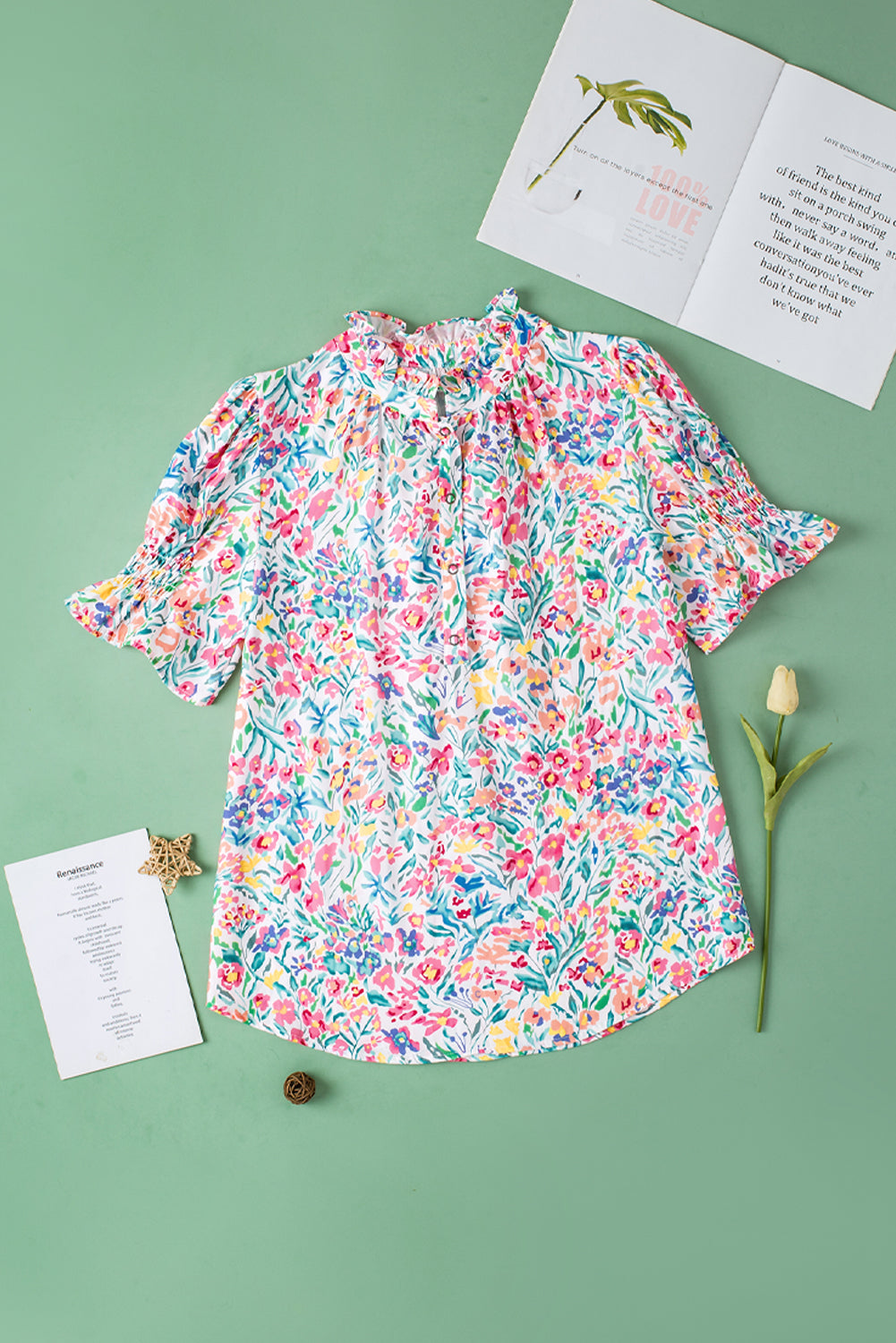 Women's Floral-Print Print Split Neck Balloon Sleeve Blouse
