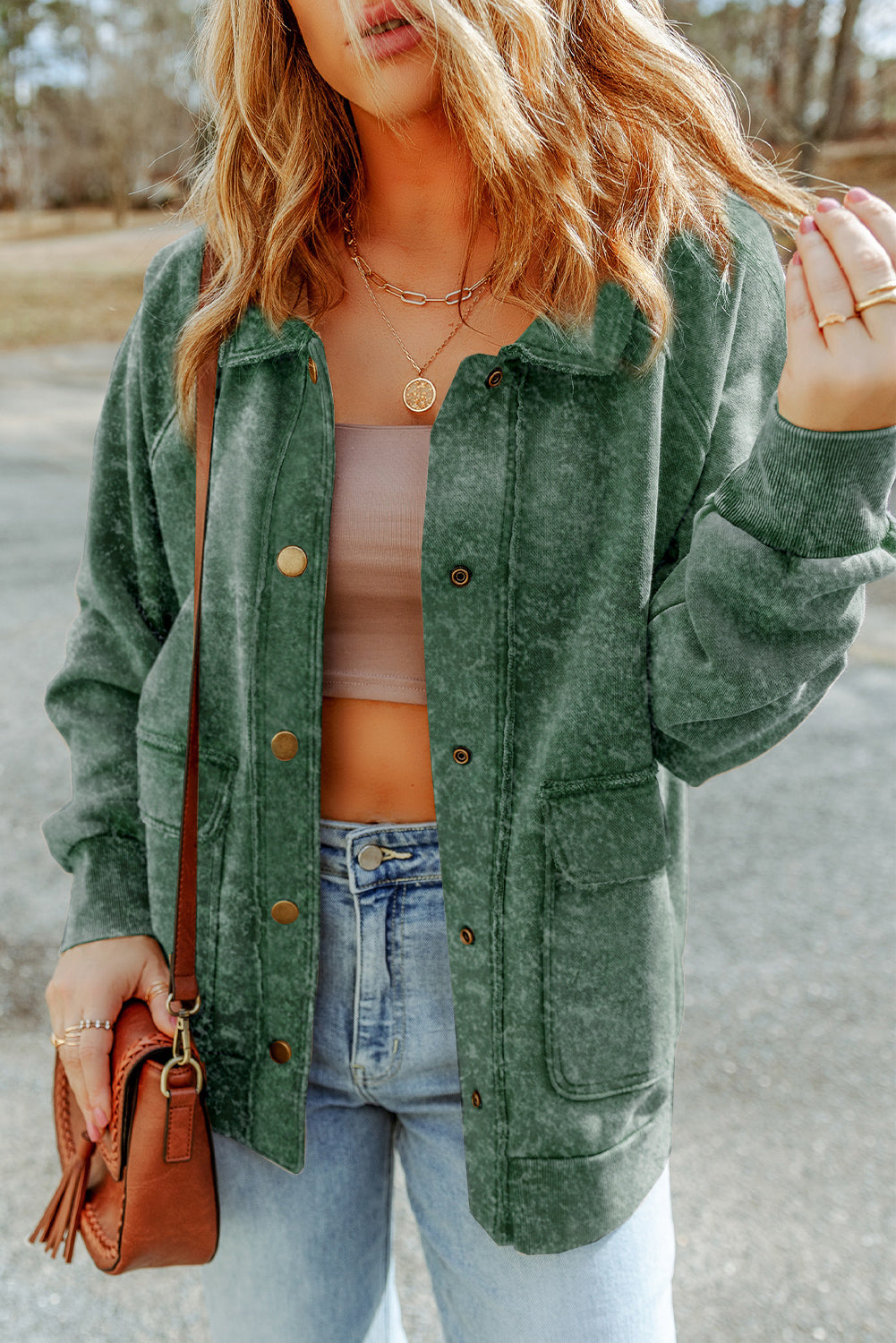 Women's Shacket Featuring Flap Pocket Button Green Vintage Washed
