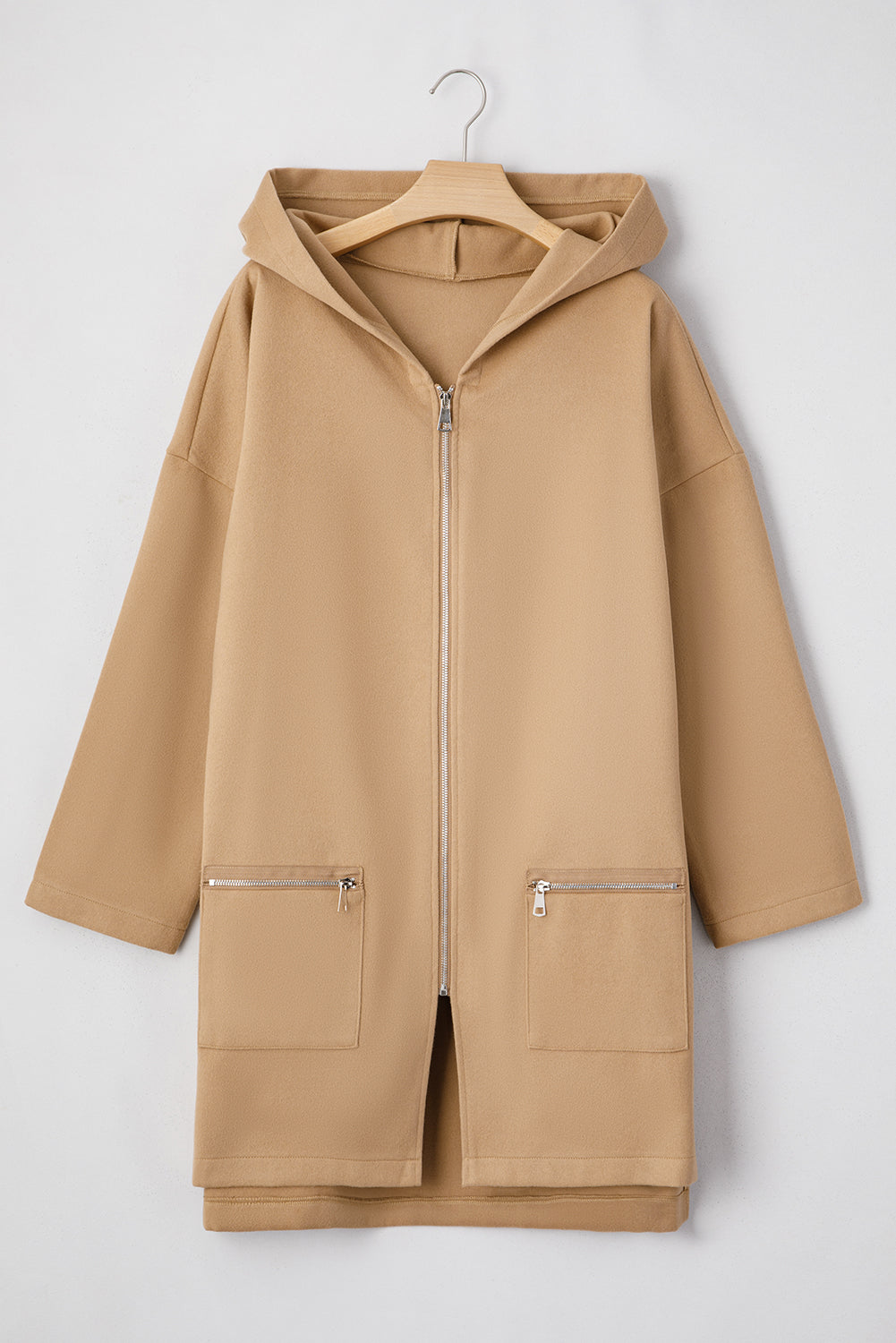 Solid Everyday Zip-Front Hooded Coat in Light French Beige