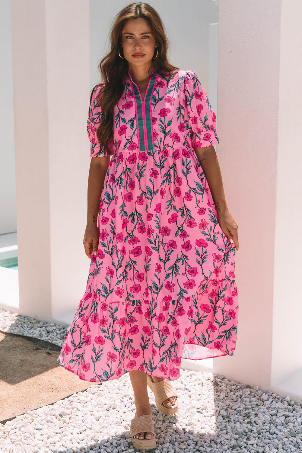 Neckline Floral Contrast A-line Puff Sleeve Long Dress