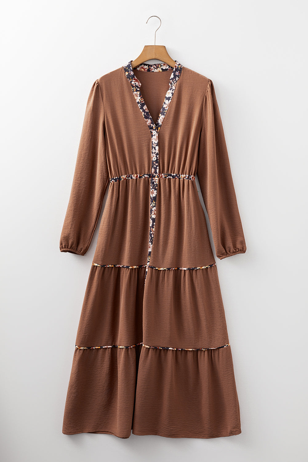 Floral Notched Patchwork Detail Neck Long-Sleeved Maxi Dress