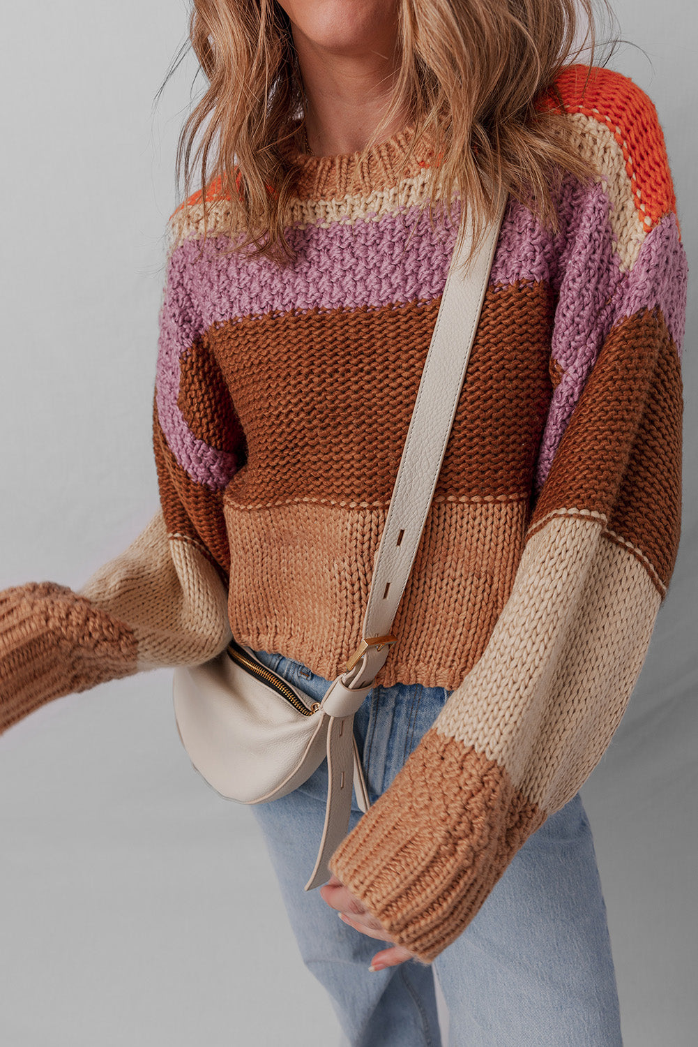 Cropped Colorblock Drop-Shoulder Chunky Knit Knit Top