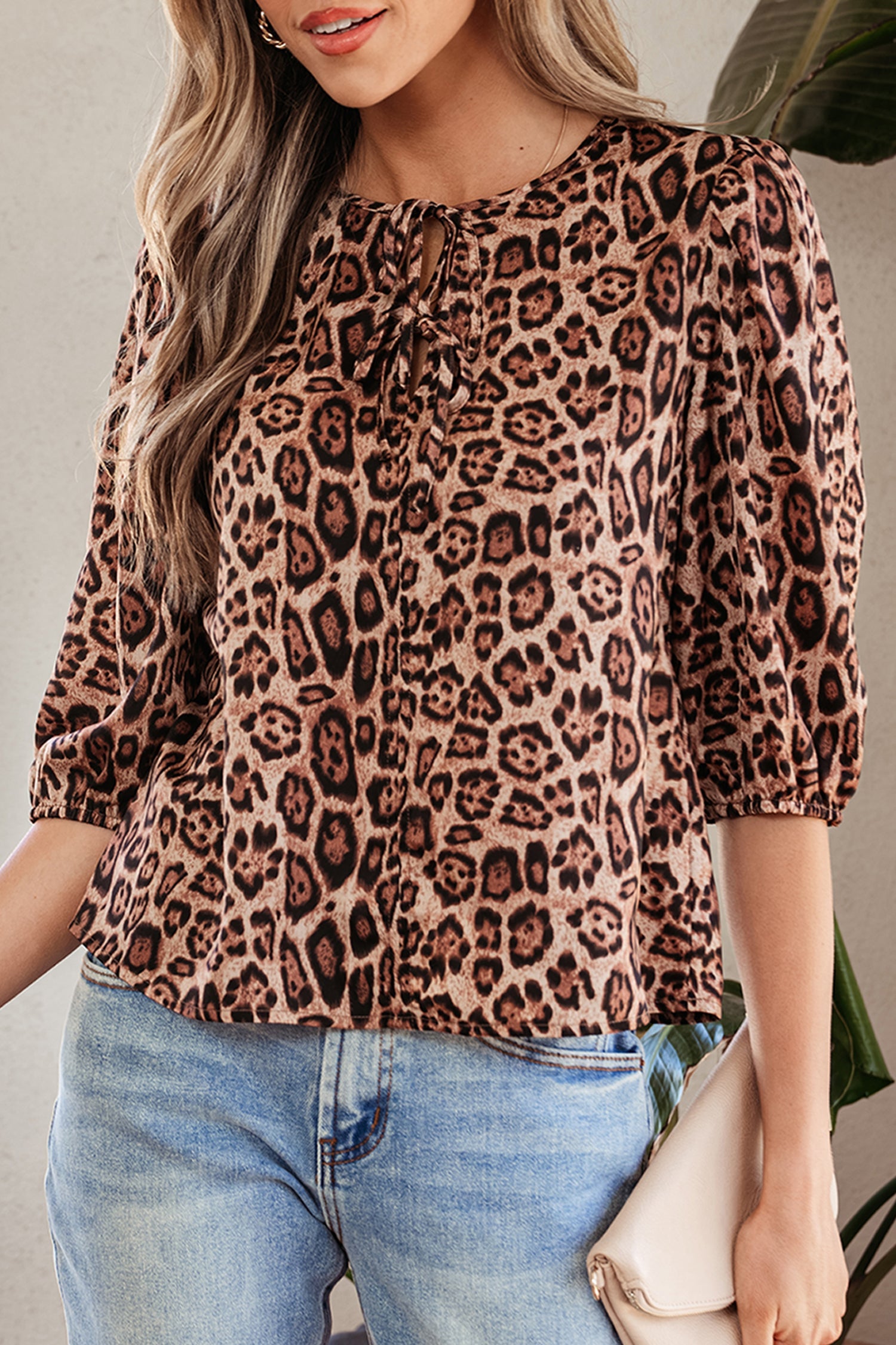 Tie Leopard Bow Puff Sleeve Blouse