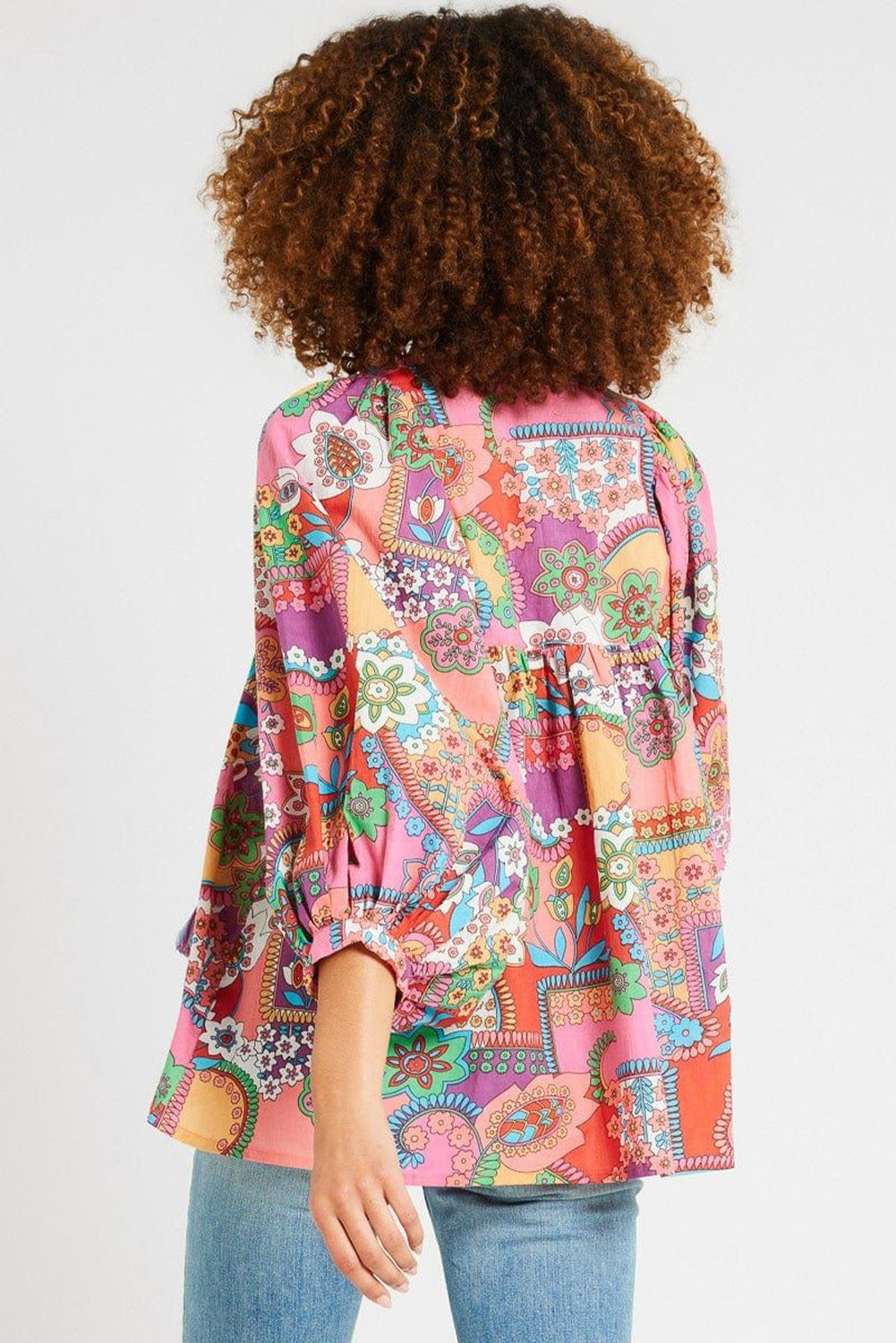 Floral Bubble Boho Bubble Sleeve Tassel Tied Neck Pleated Blouse