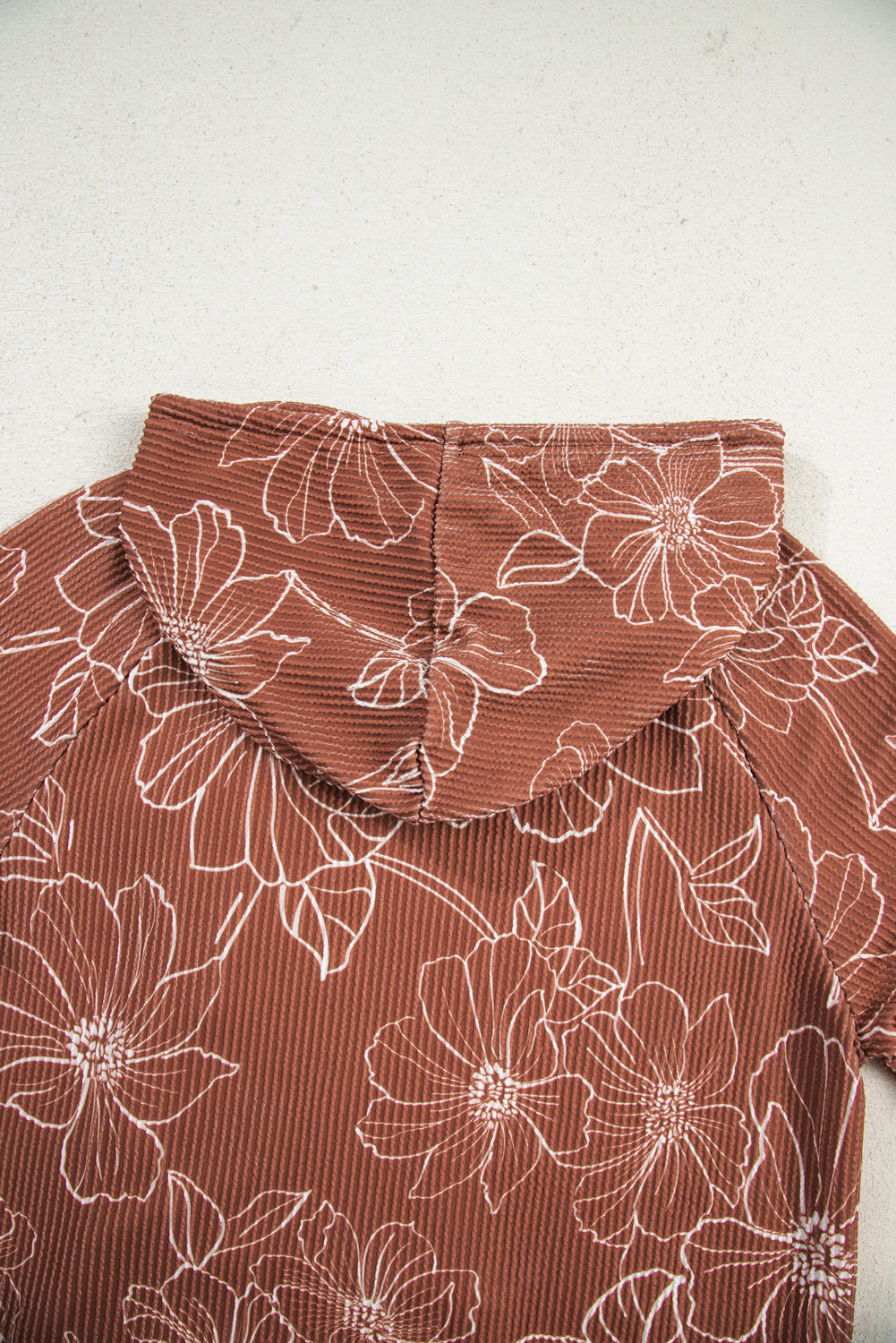 Rib Floral Twisted Drawcord Kangaroo Pocket Hoodie
