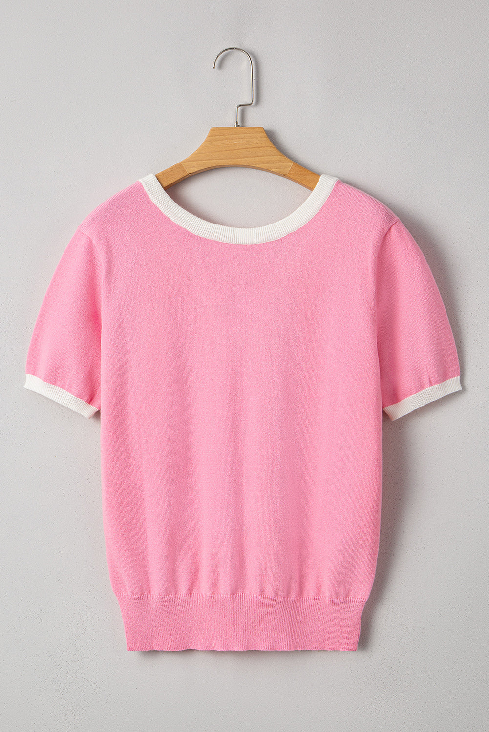 Pink Colorblock Bow V-Shape Cut Back Short Sleeve Sweater