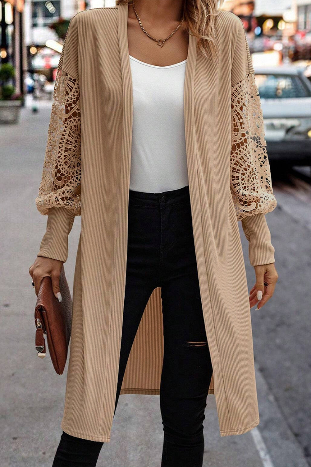 Rib-Knit Lace Patchwork Knit Open-Front Duster Cardigan in Parchment