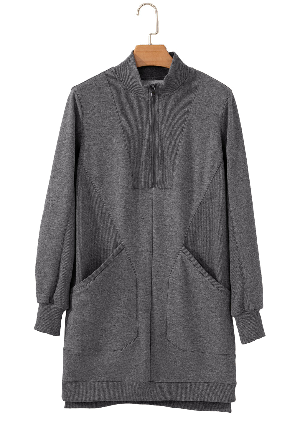 Zip-Front Patchwork Collared Rib-Knit Sweatshirt Dress Featuring Pockets