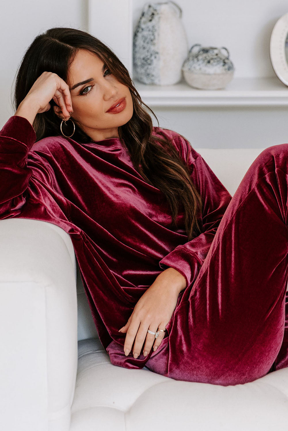 Solid Velvet 2-Piece Lounge Set in Fiery Red