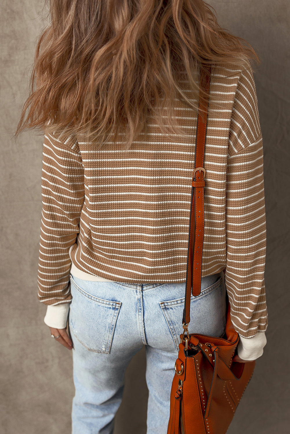 Patched Edge Textured Round Neck Long Sleeve Top
