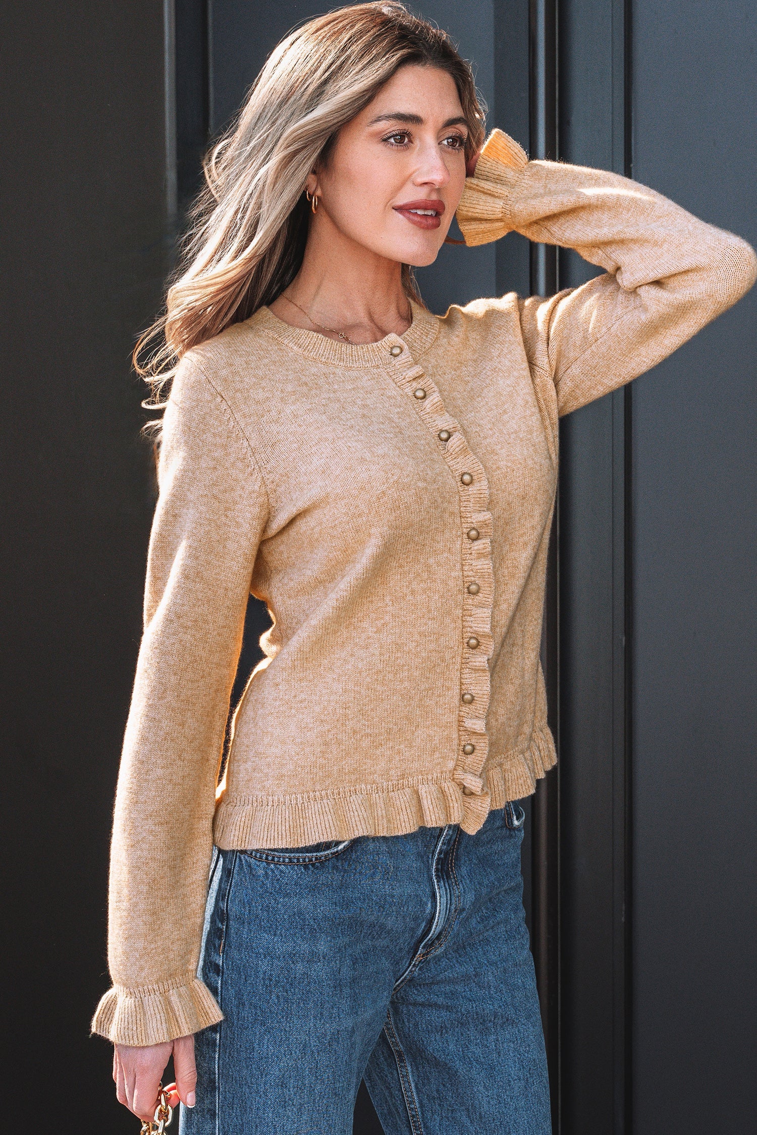 Gold Ruffle Trim Button Cardigan Knit Top