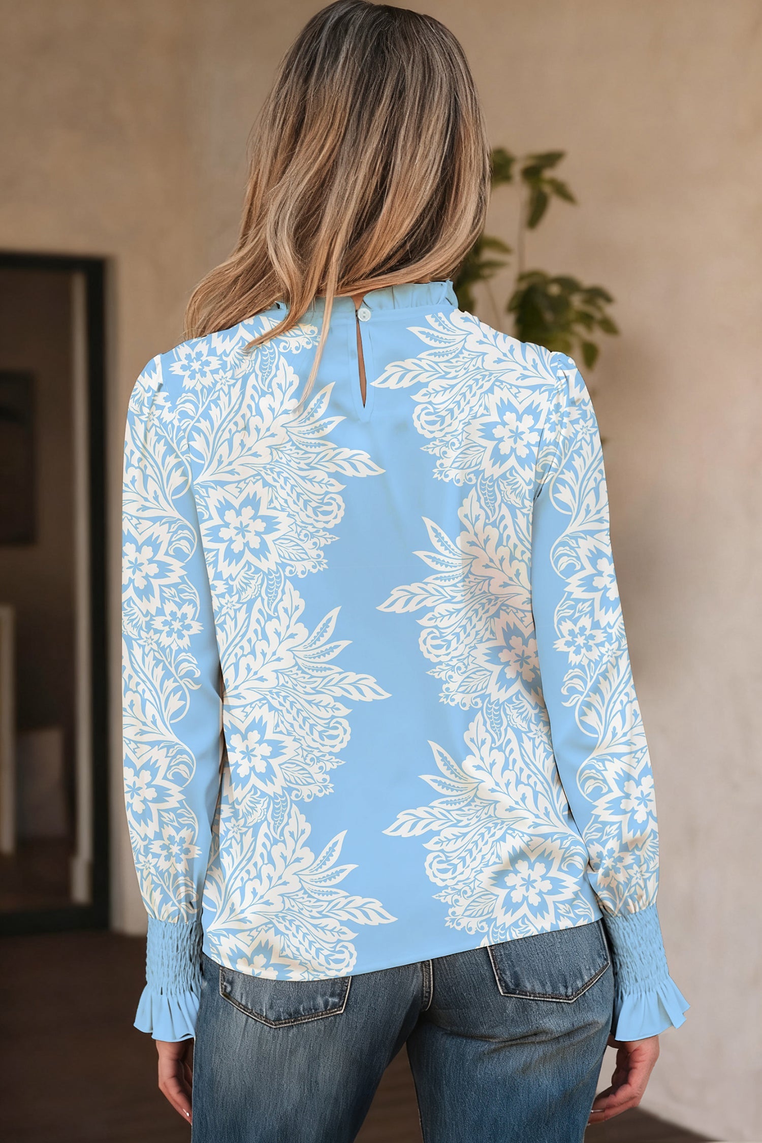 Ruffled Sleeve Collar Puff Flower Blouse