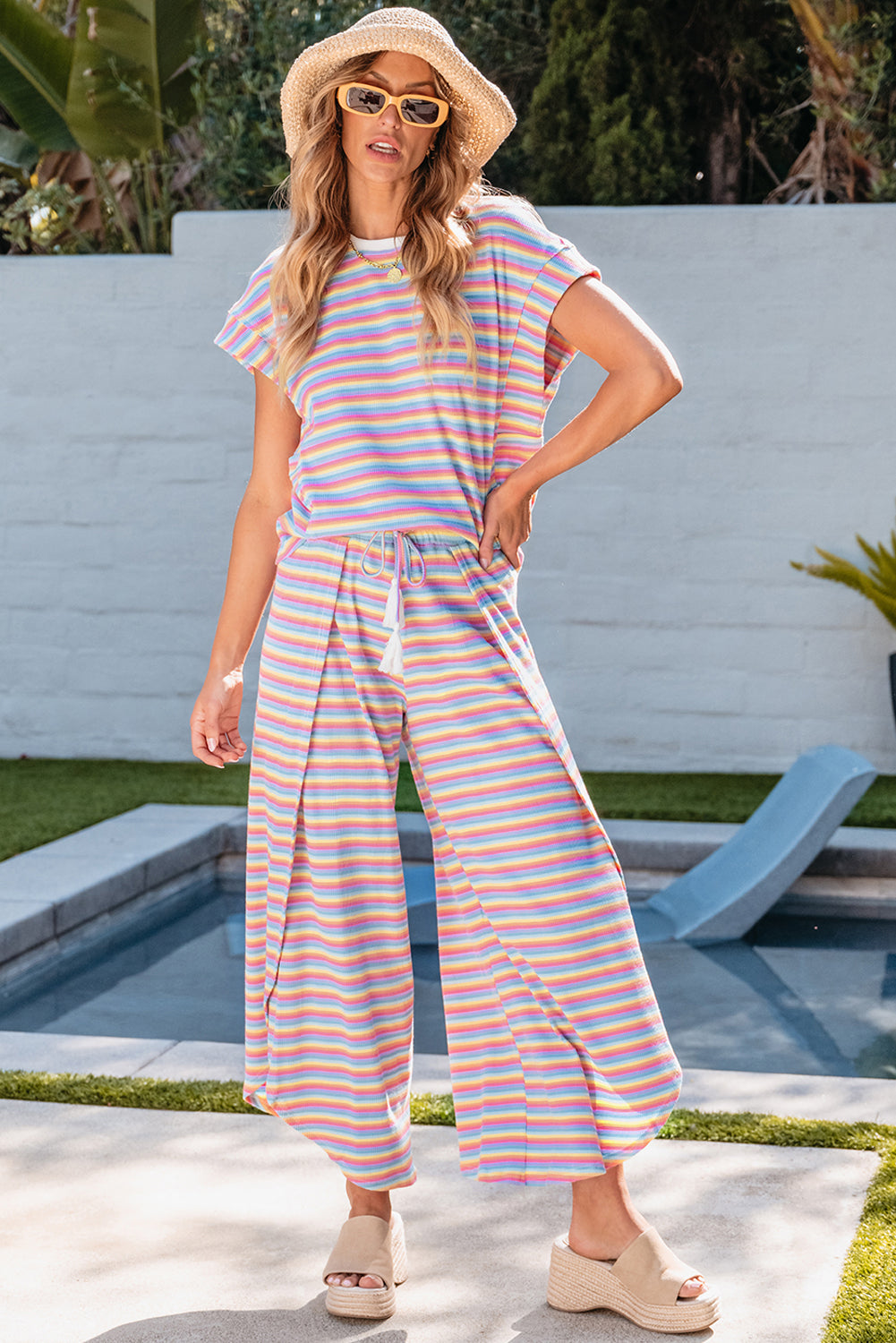 Women's Pants Set with Tee Tassel-Detail String Wide-Leg