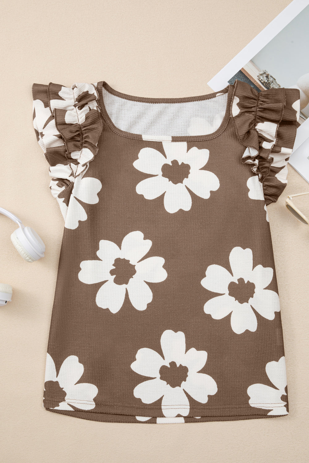 Floral Textured Ruffled Short Sleeve Square Neck Blouse
