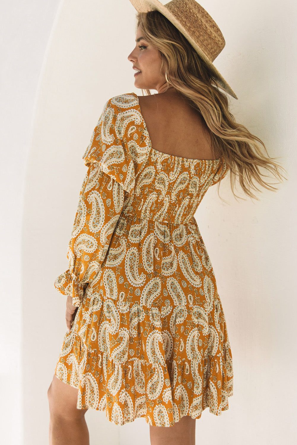 Robe florale jaune à manches longues Boho Paisley