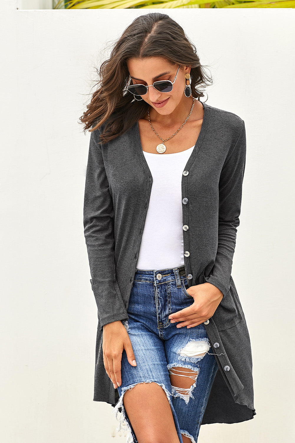 Long Cardigan for Women Gray Selected Button Down Pocket-Detail Knitted High Low