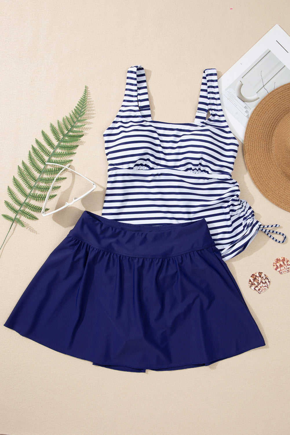 Neck Stripe Scoop Adjustable Tankini and Matching Skort Bathing Suit in Blue
