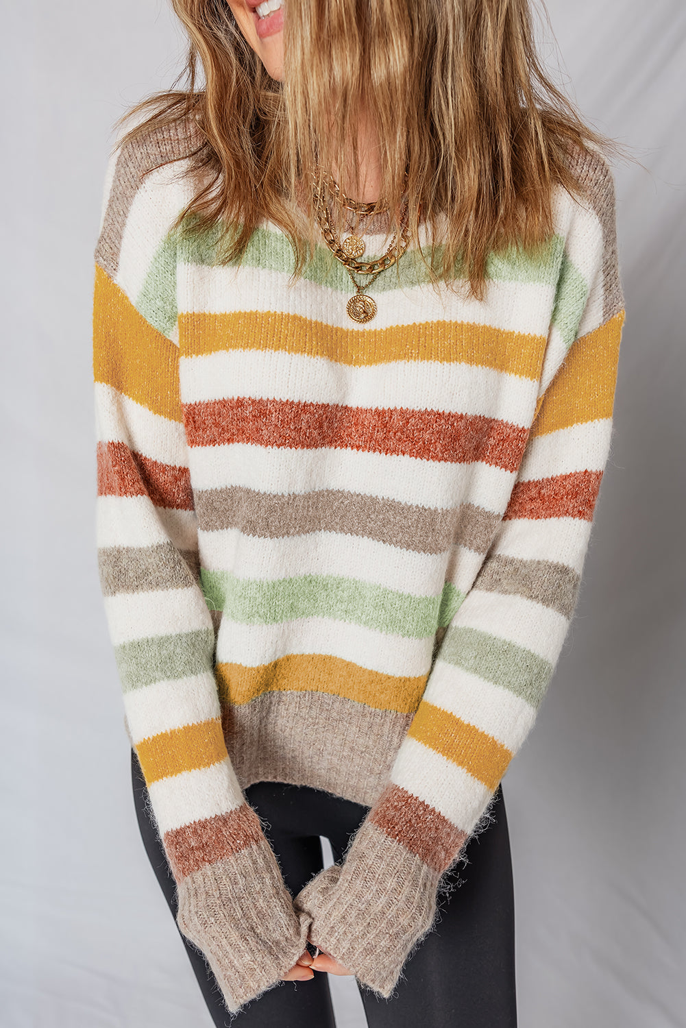 Stripe Drop-Shoulder Crew-Neck Knit Top