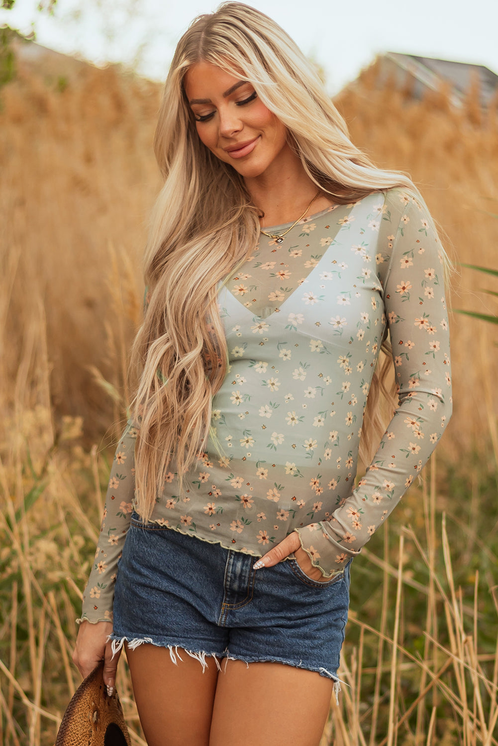 Retro Style Floral-Print Southern Mesh Long-Sleeved Top