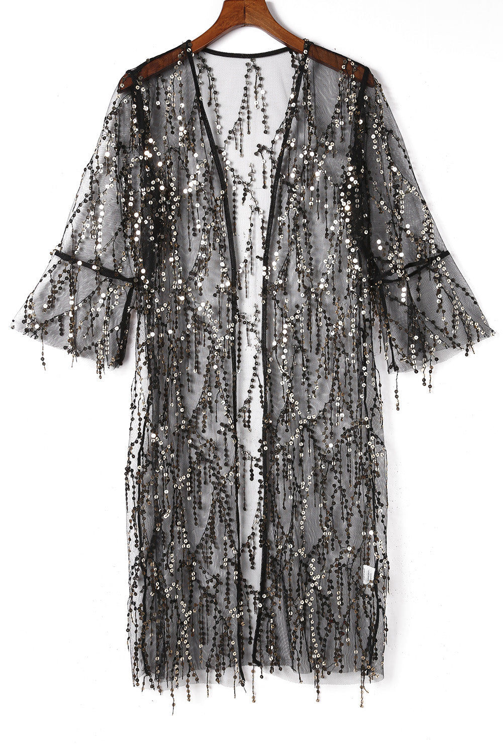 Women's Kimono with Open Front Sequin Semi-Sheer Long-Sleeve