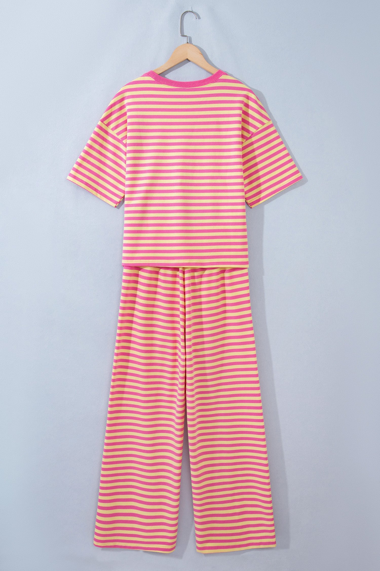 Stripe Colorblock Trim Crew-Neck Loose Tee Drawcord Elastic Waist 2pcs Pant Set in Pink