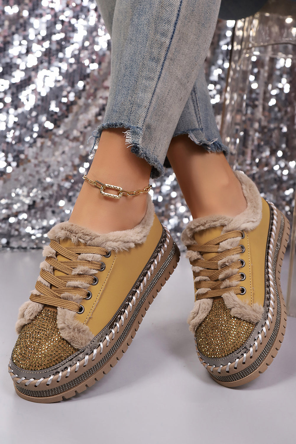 Embellished Faux Rhinestone Faux Fur Lining Lace-Up Flat Shoes