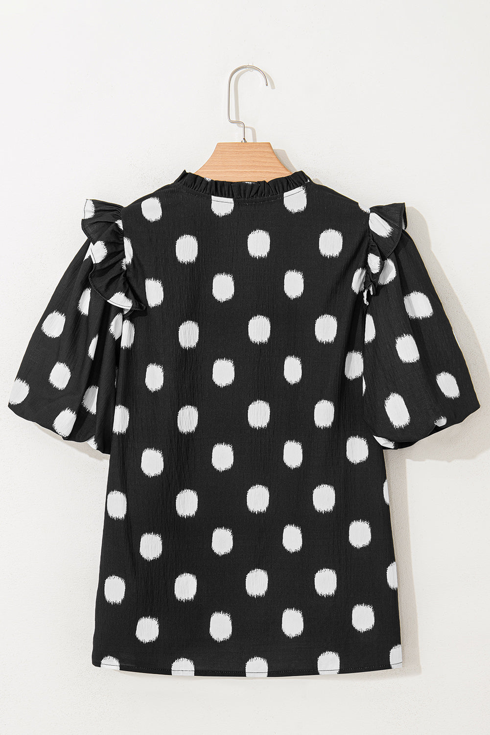 Polka Dot Print Shirred Yoke Notched Neck Blouse