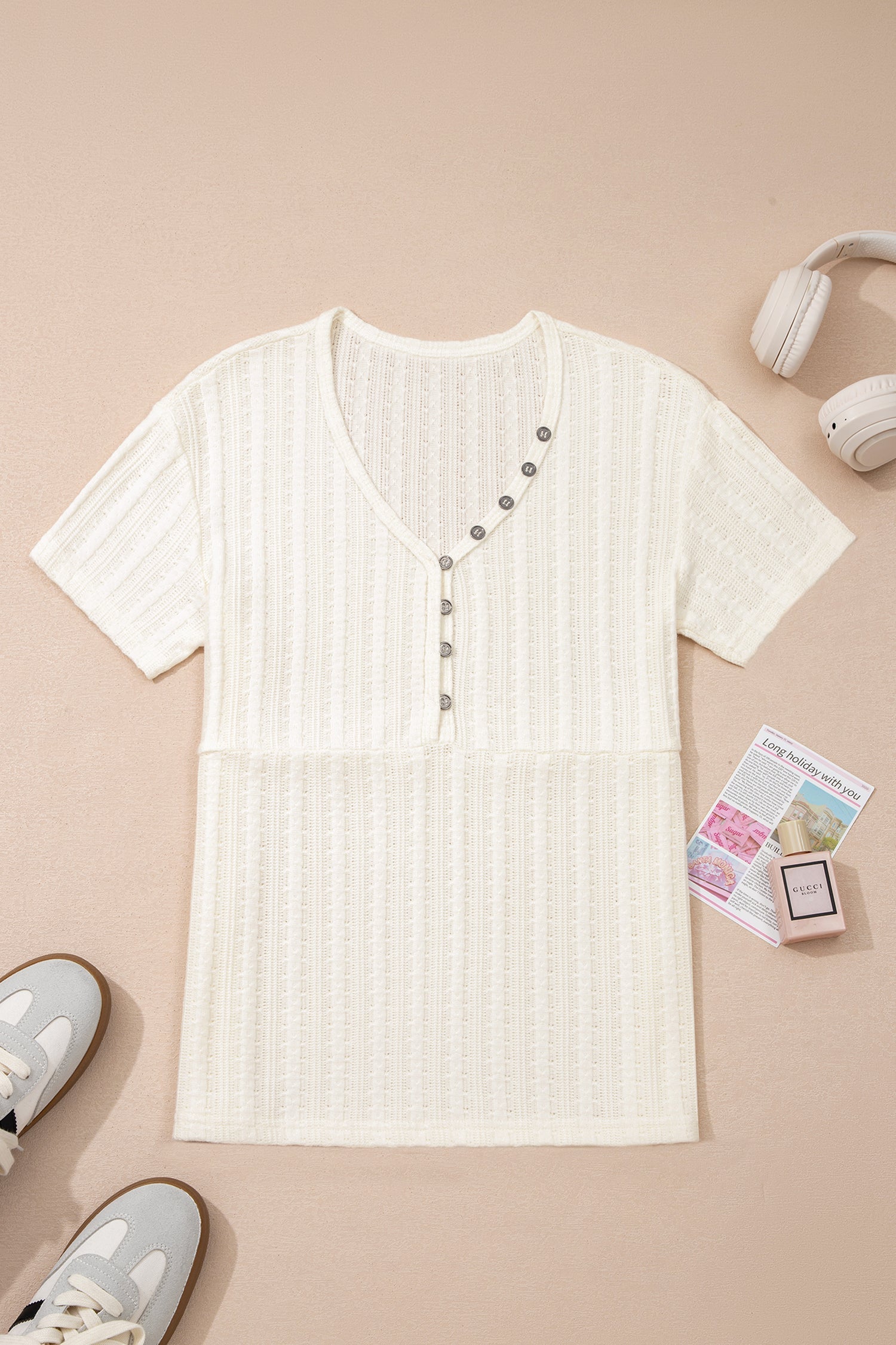Button V-Neck Textured V-Neck Raw Seam Henley Tee in White