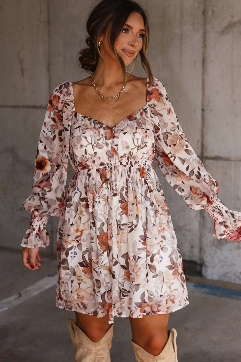 Sweetheart Neck Floral-Print Neck Long-Sleeved High-Waisted Mini Dress